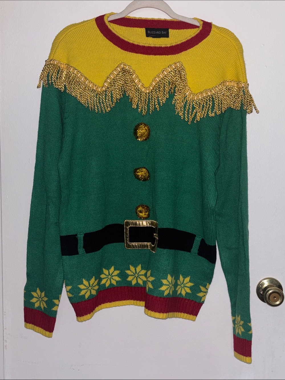 Blizzard Bay Women's Green Holiday Crewneck Sweater with Gold Fringe